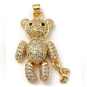 Moveable Teddy Bear Gold Crystal Pendant Necklace Stainless Steel Chain Novelty